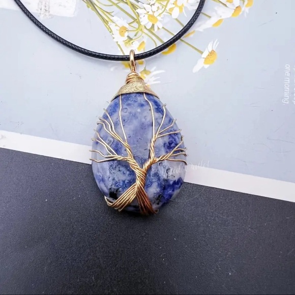 Jewelry - Sodalite Gemstone Stone Crystal Tree Of Life Wire Wrapped Pendant Necklace